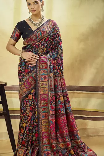 Black hand woven  munga cotton blend saree with blouse