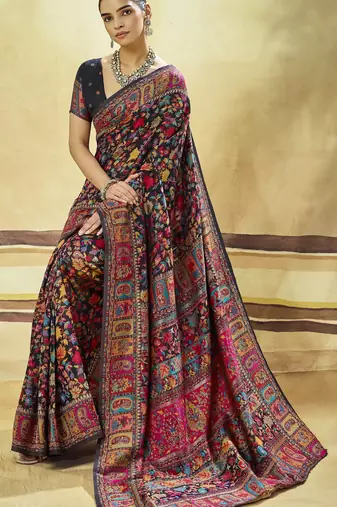 Black hand woven  munga cotton blend saree with blouse