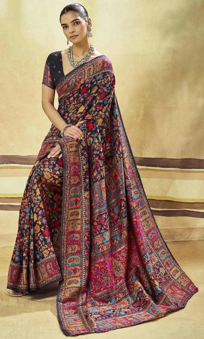 Black hand woven  munga cotton blend saree with blouse
