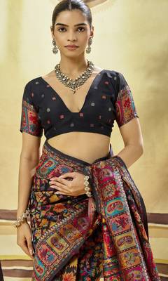 Black hand woven  munga cotton blend saree with blouse 3