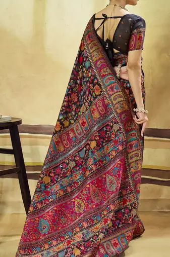 Black hand woven  munga cotton blend saree with blouse