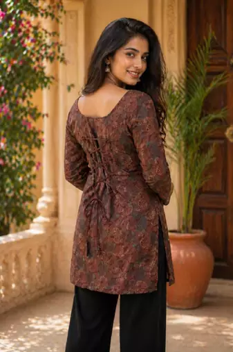 Brown colour elegant floral printed rayon kurti casual wear collection