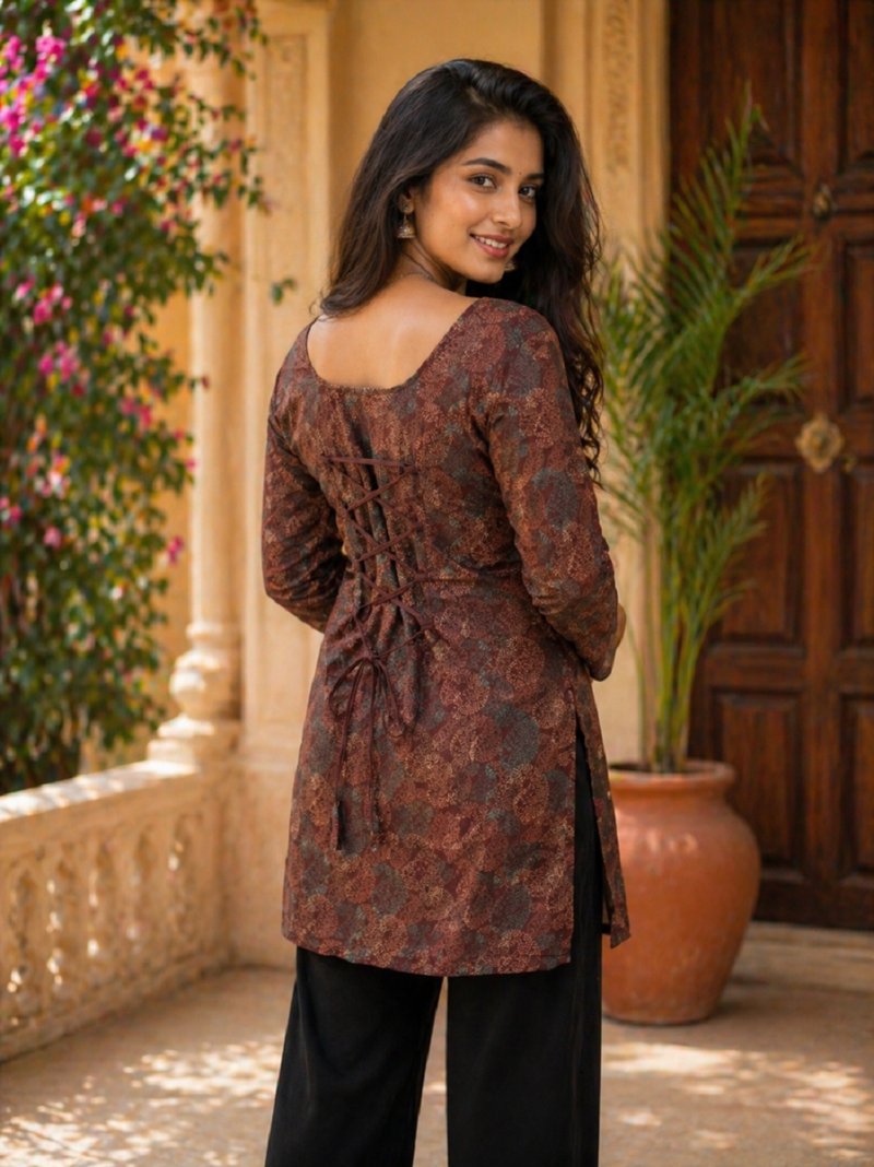 Brown colour elegant floral printed rayon kurti casual wear collection