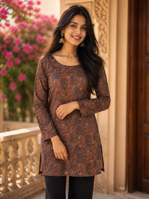 Brown colour elegant floral printed rayon kurti casual wear collection 1