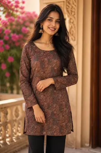 Brown colour elegant floral printed rayon kurti casual wear collection