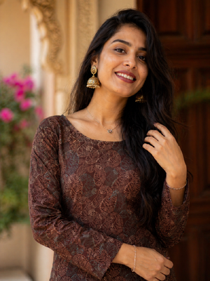 Brown colour elegant floral printed rayon kurti casual wear collection 3