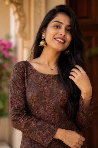 Brown colour elegant floral printed rayon kurti casual wear collection