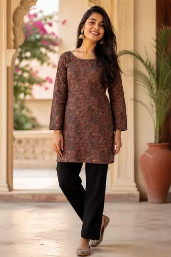Brown colour elegant floral printed rayon kurti casual wear collection