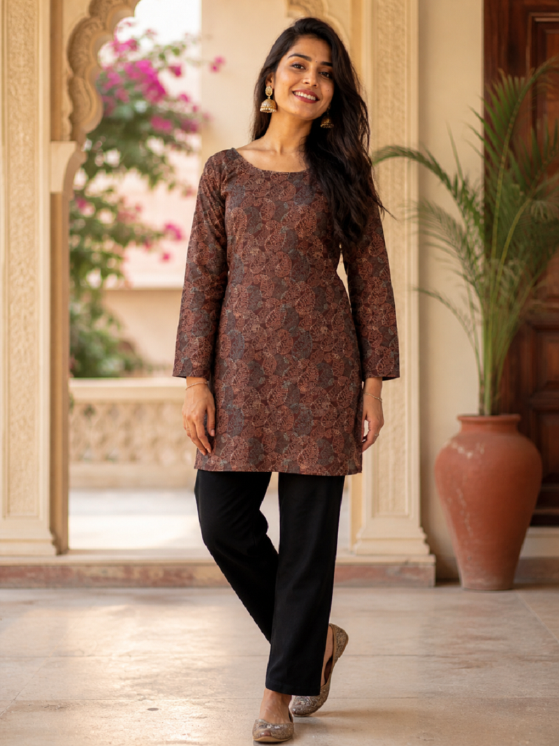 Brown colour elegant floral printed rayon kurti casual wear collection