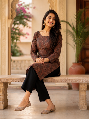 Brown colour elegant floral printed rayon kurti casual wear collection 5