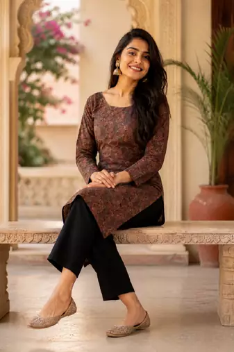 Brown colour elegant floral printed rayon kurti casual wear collection