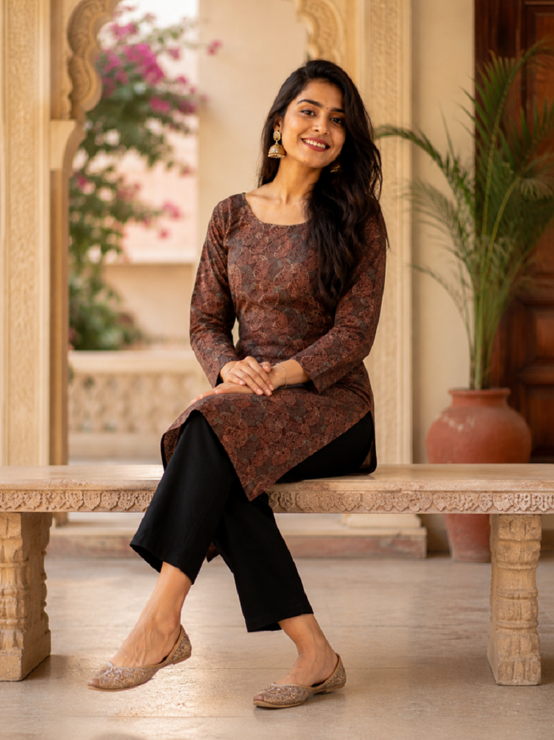Brown colour elegant floral printed rayon kurti casual wear collection