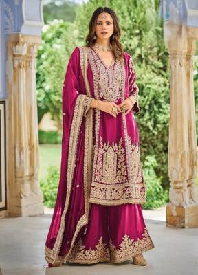 Magenta embroidered chinon free size UPTO-42  stitched pakistani salwar suit 1
