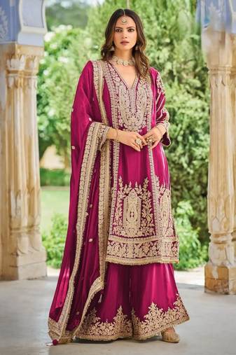 Magenta embroidered chinon free size UPTO-42  stitched pakistani salwar suit