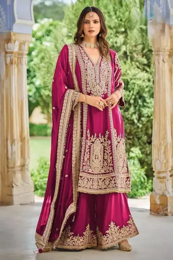 Magenta embroidered chinon free size UPTO-42  stitched pakistani salwar suit