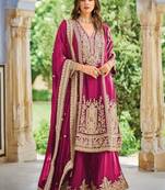 Magenta embroidered chinon free size UPTO-42  stitched pakistani salwar suit