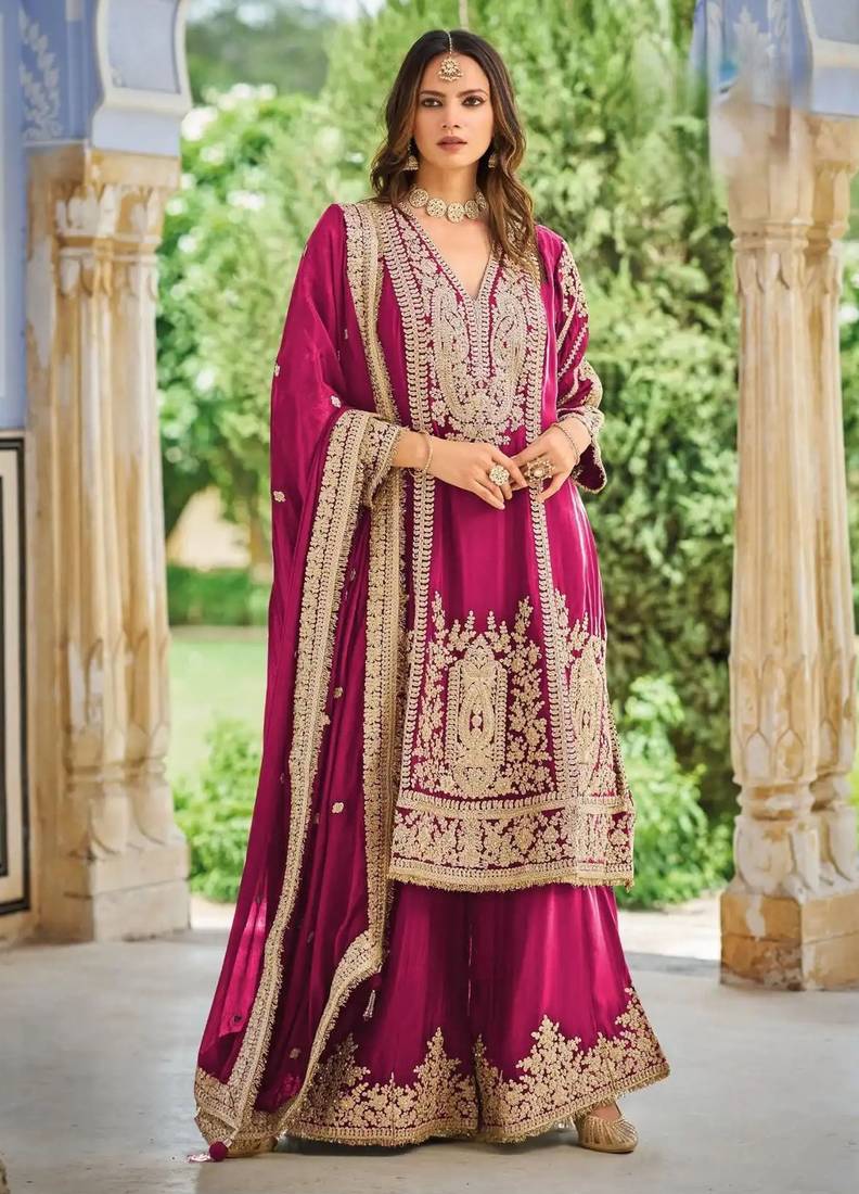 Magenta embroidered chinon free size UPTO-42  stitched pakistani salwar suit