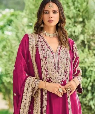 Magenta embroidered chinon free size UPTO-42  stitched pakistani salwar suit 2