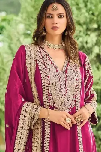 Magenta embroidered chinon free size UPTO-42  stitched pakistani salwar suit