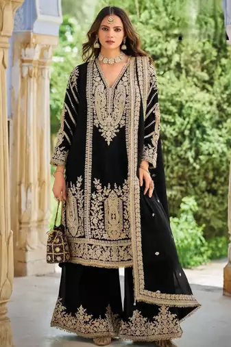 Black embroidered chinon free size UPTO-42 stitched pakistani salwar suit