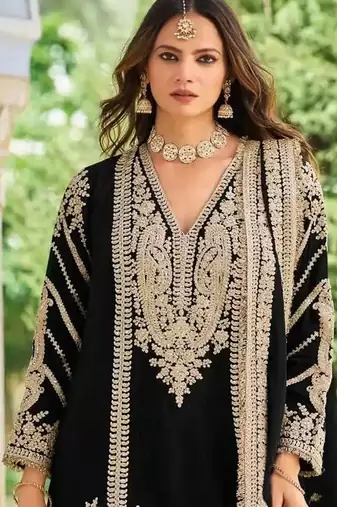 Black embroidered chinon free size UPTO-42 stitched pakistani salwar suit