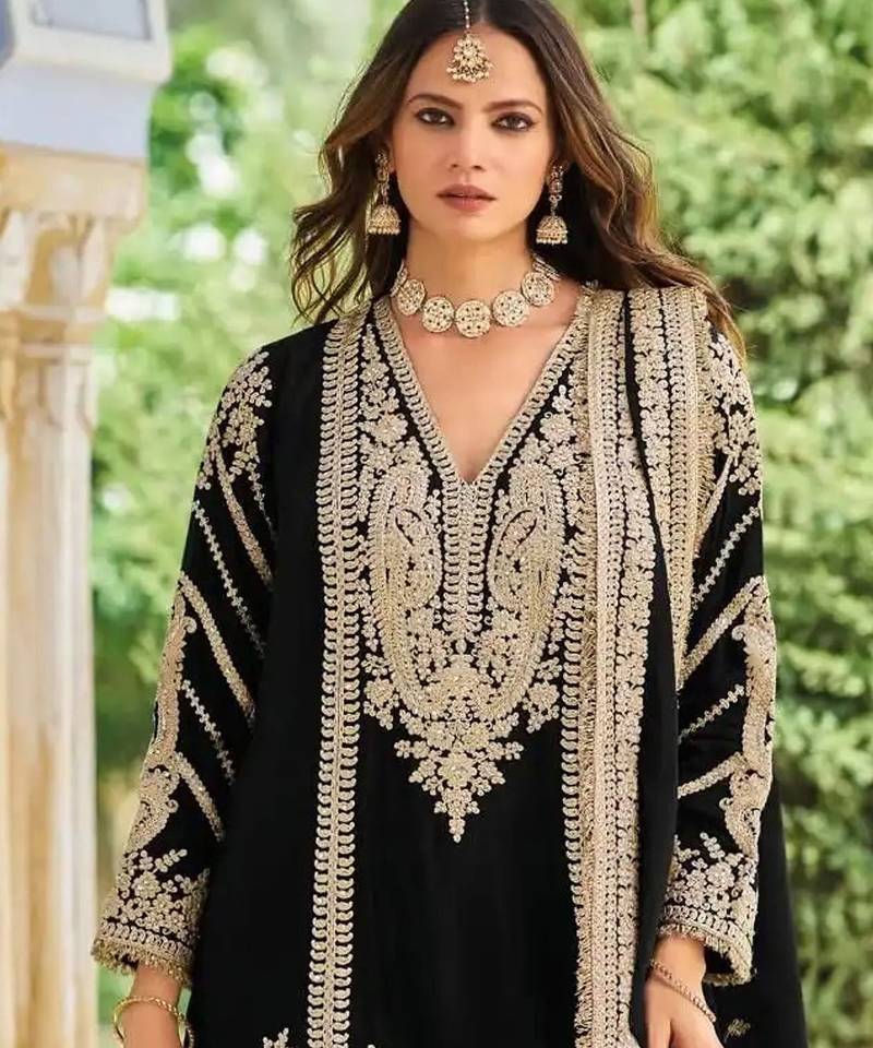 Black embroidered chinon free size UPTO-42 stitched pakistani salwar suit