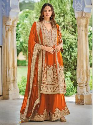 Orange embroidered chinon free size UPTO-42 stitched pakistani salwar suit 1