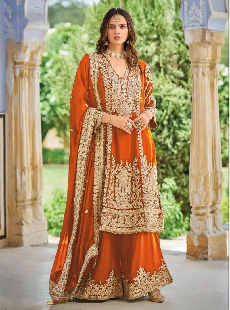 Orange embroidered chinon free size UPTO-42 stitched pakistani salwar suit