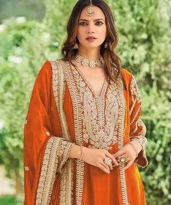 Orange embroidered chinon free size UPTO-42 stitched pakistani salwar suit 2