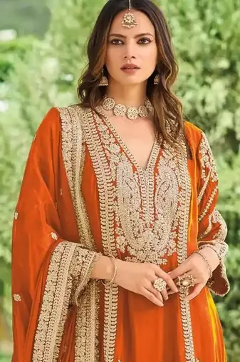 Orange embroidered chinon free size UPTO-42 stitched pakistani salwar suit