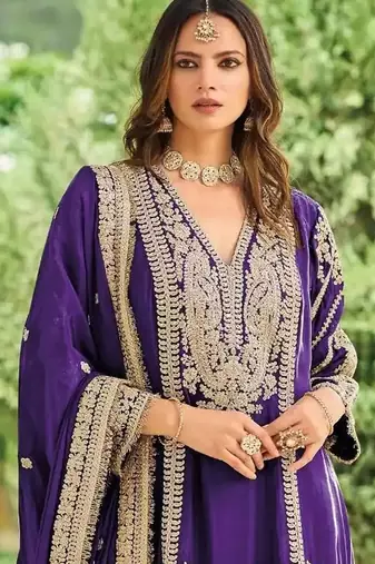 Purple embroidered chinon free size UPTO-42  stitched pakistani salwar suit