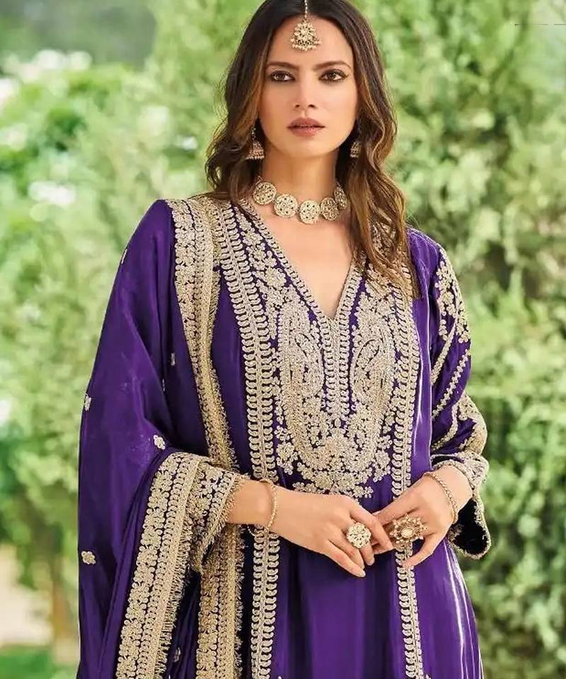 Purple embroidered chinon free size UPTO-42  stitched pakistani salwar suit