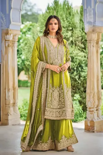 Olive green embroidered chinon free size UPTO-42  stitched pakistani salwar suit
