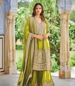 Olive green embroidered chinon free size UPTO-42  stitched pakistani salwar suit