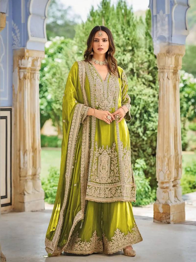 Olive green embroidered chinon free size UPTO-42  stitched pakistani salwar suit