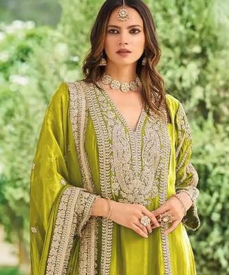 Olive green embroidered chinon free size UPTO-42  stitched pakistani salwar suit 2