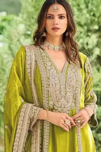 Olive green embroidered chinon free size UPTO-42  stitched pakistani salwar suit