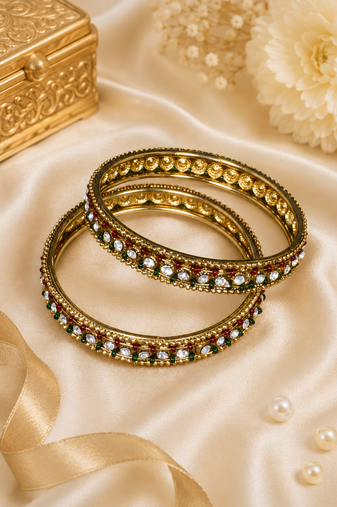 Antique Gold Finish Maroon and Green Accent Bangles
