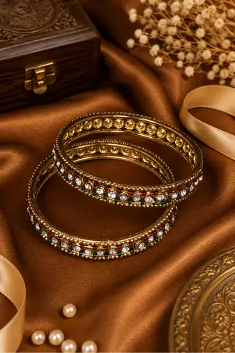 Antique Gold Finish Maroon and Green Accent Bangles