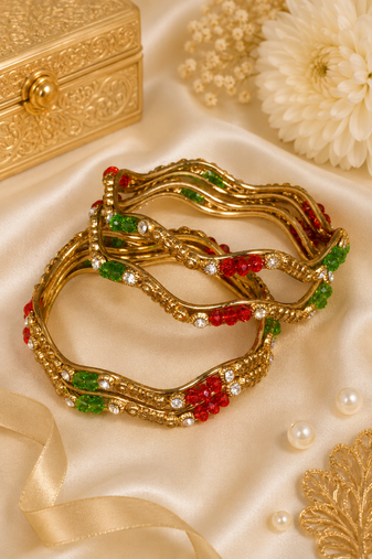 Antique Gold Red & Green Crystal Beaded Wave Bangles