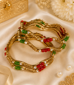 Antique Gold Red & Green Crystal Beaded Wave Bangles