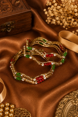 Antique Gold Red & Green Crystal Beaded Wave Bangles 2