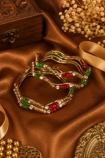 Antique Gold Red & Green Crystal Beaded Wave Bangles