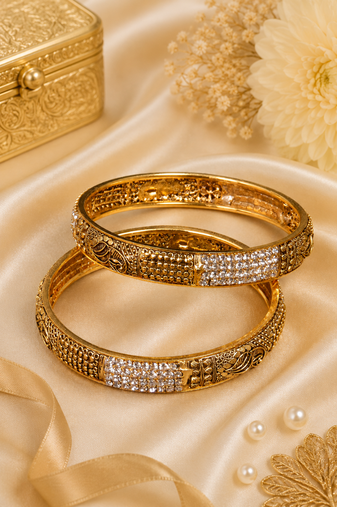 Antique Gold Finish Zircon Studded Oxidized Bangles