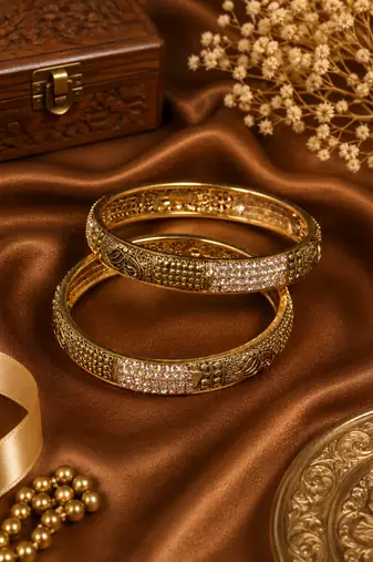Antique Gold Finish Zircon Studded Oxidized Bangles
