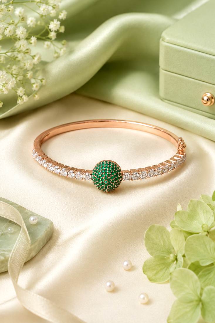 Rose Gold Finish Emerald Orbit American Diamond Bracelet