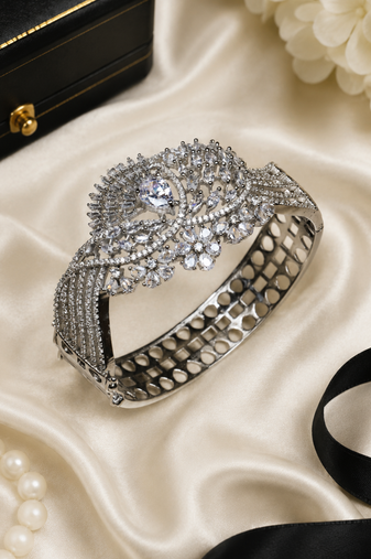 Rhodium Finish Celestial Bloom American Diamond Bracelet