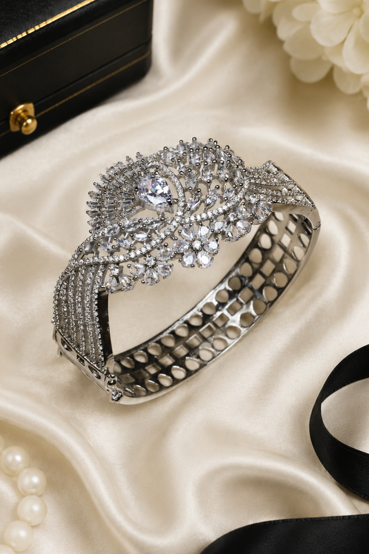 Rhodium Finish Celestial Bloom American Diamond Bracelet
