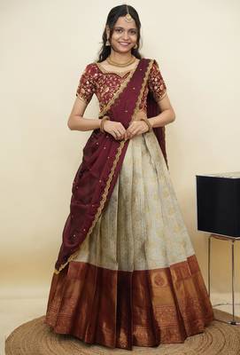 South Indian Style Half Saree With Embroidery Work Blouse & Dupatta for Women 1