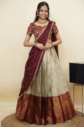 South Indian Style Half Saree With Embroidery Work Blouse & Dupatta for Women